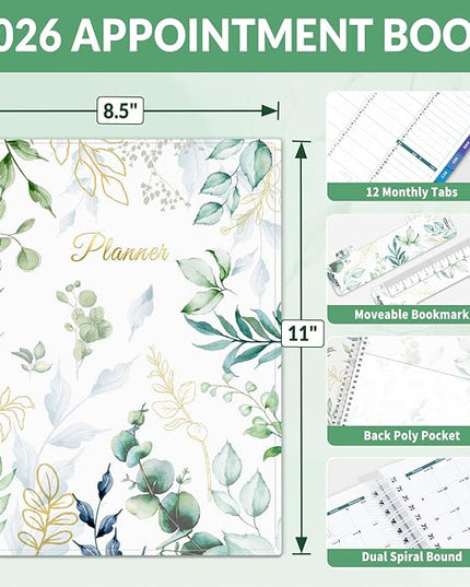 SUNEE 2026 Appointment Book 15-Minute Time Block - Daily, Weekly & Monthly Spiral Planner with Note Section - Thick Paper, Lay-Flat Bound - 8.5 x 11 for Office, School, Men & Women, Greenery