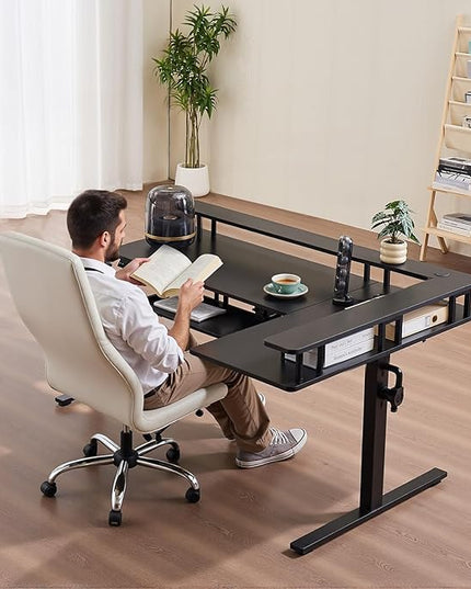 VEVOR L Shaped Desk, Electric Adjustable Height Corner Gaming Desk with Keyboard Tray and Dual Hooks, Heavy Duty L-Shaped Computer Table with Light Strip for Home Office, Easy to Assemble, Black