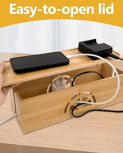 Bamboo Cable Management Box,Extra Large Cord Organizer Box,Power Strips Hider,Plug Strip Cord Box,Outlet Holder,Cords Concealer,Wires Covers,Desk & Floor Tidy Solution (Straight lid)