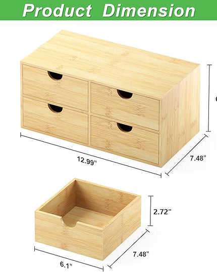 Bamboo Desk Organizer with Drawers - Small Desktop Countertop Mini Tabletop Storage Container - No Assembly Required