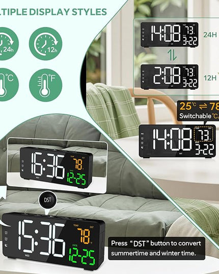Digital Alarm Clocks for Bedrooms, RGB Desk Clock with 15 Color Display, Date Temperature and Weekday, DST, Snooze, 2 Alarms, Ambient Lighting for Living Room, Bedside Office Gaming Desk Decor