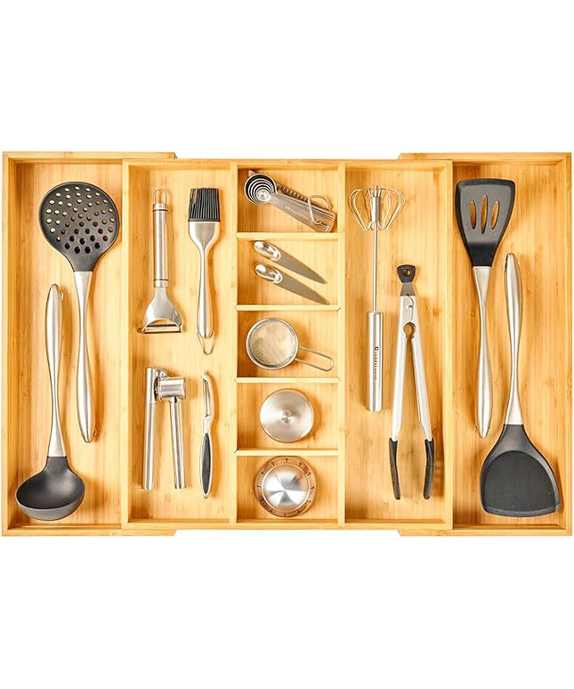 Umilife Extra Large Expandable Kitchen Drawer Organizer for Utensil and Junk, 19" Deep for Big Drawer, 17" to 28" Adjustable Bamboo Wood Drawer Divider, Cutlery Tray, Flatware Holder