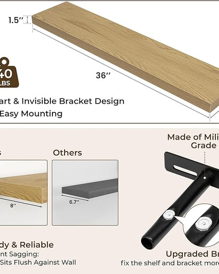 RICHFOCUS 36Inch Floating Shelves for Wall 2 Pack Shelves for Bedroom|Kitchen|Bathroom Wall Mounted Rustic Wood Floating Shelf with Invisible Brackets for Books|Storage|Decor, Oak