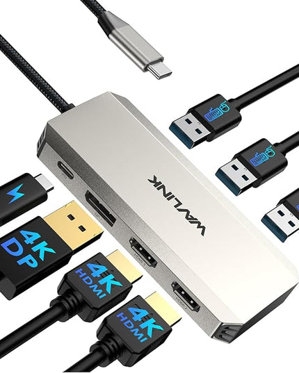 Laptop Docking Station, WAVLINK Triple 4K Docking Station with Dual HDMI, DP, 100W PD in, 3 USB-A2.0 for Wireless Device, Compatible with Dell/HP/Lenovo etc, Windows Systerm Computer Only