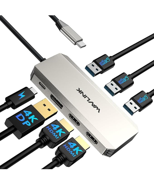 Laptop Docking Station, WAVLINK Triple 4K Docking Station with Dual HDMI, DP, 100W PD in, 3 USB-A2.0 for Wireless Device, Compatible with Dell/HP/Lenovo etc, Windows Systerm Computer Only