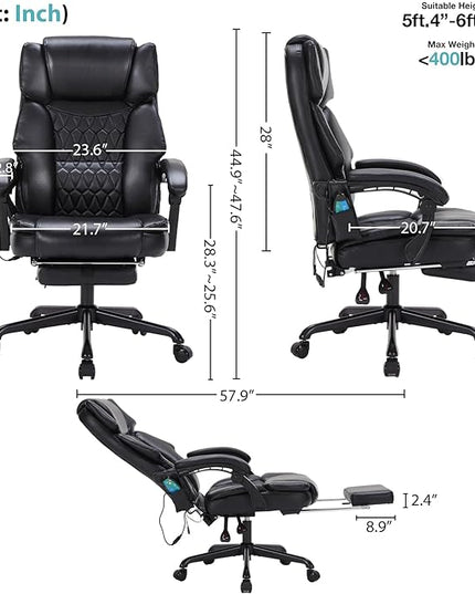 Massage Office Chair with Foot Rest 6 Points Vibration and Heat Home Office Desk Chairs for Heavy People 400lbs Reclining Managerial Chairs Ergonomic Executive Chair (Black)
