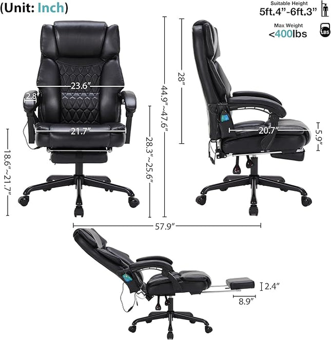 Massage Office Chair with Foot Rest 6 Points Vibration and Heat Home Office Desk Chairs for Heavy People 400lbs Reclining Managerial Chairs Ergonomic Executive Chair (Black)