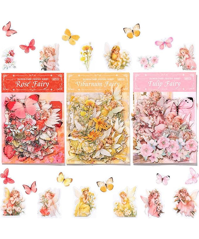 SIBLYMONA Vintage Fairy Stickers 120Pcs Transparent Stickers for Scrapbooking Journaling, Floral Butterfly Cottagecore Junk Journal Scrapbook Supplies, Rub On Transfers for Crafts (120, Pink)