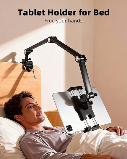 ZUZUXI Tablet Stand Holder for Desk and Bed, Adjustable Aluminum Foldable Arm iPad Mount Clamp on Table Compatible with iPad Air Mini, Galaxy Tabs, 4.7-12.9" Tablets and Phones