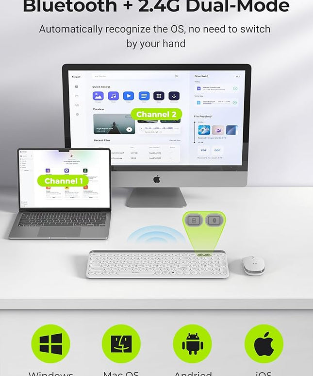seenda Bluetooth Keyboard and Mouse for iPad, CTU-301 Wireless Multi-Device Connection Bluetooth+2.4G Keyboard Mouse Combo with Tablet Holder for iPad/MacBook/Windows, iOS/Andriod/Phone, White