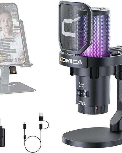 COMICA EJoy Uni Pro Wireless USB Microphone for PC Gaming, Streaming, Podcast, YouTube, with Noise Cancellation, Mute, Gain, Monitoring - Condenser Mic for PS5, PS4, Mac, Computer (Desktop Mic)
