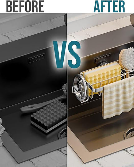 TAILI Sponge Holder with Strong Suction Cup, 4-in-1 Rustproof Sink Organizer - Sink Caddy Holds Sponges, Brushes, Stoppers & Scrapers -Silver