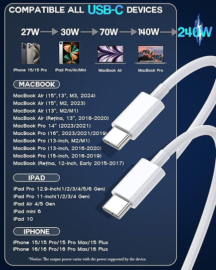 USB C to USB C, 240W USB C Cable, 2-Pack 10ft C to C Cable Fast Charging for MacBook Pro/MacBook Air, iPad Pro/iPad Air, iPhone 16 15 Pro Max Plus, Samsung Galaxy,Compatible 140W/100W/65W/45W/35W/20W