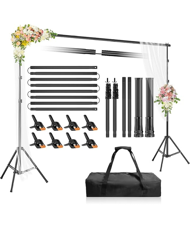Backdrop Stand 10x6.6ft(WxH), Photo Studio Adjustable Background Stand Support System Kit with 8 Crossbars, 8 Clamps and Carrying Bag for Parties, Wedding, Photography, Decoration