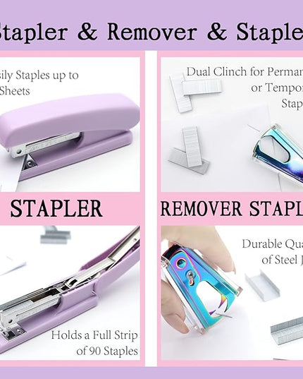 Purple Office Supplies Set, UPIHO Stapler and Tape Dispenser Set, Office Desk Accessories Kit with Stapler, Tape, Remover, Staples, Clips, Scissor and Tabs for Women, Clerks…