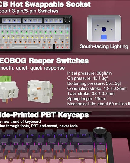 AULA F75 Pro Wireless Mechanical Keyboard,75% Hot Swappable Custom Keyboard,RGB Backlit,Pre-lubed Reaper Switches,Side Printed PBT Keycaps Mechanical Gaming Keyboards, Pink&Black