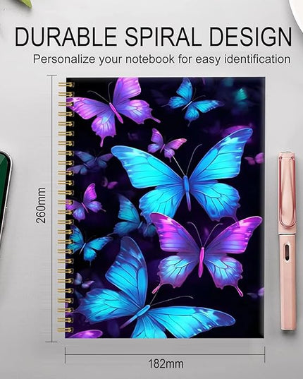 Spiral Journal Notebook for Women,A5 College Ruled Notebooks 6"x 8.4", 120 Pages (60 Sheets) Lined Journal with Premium Thick Paper,Perfect for School Office Home(Blue Purple Butterfly)