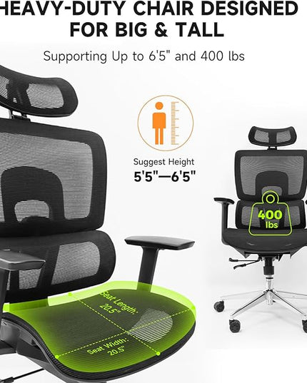 NearHub EC20 Ergonomic Office Chair for Big and Tall 6'5" Tall Max, 400Lbs Computer Desk Heavy-Duty Office Gaming Chair with Adjustable Features, High-Back Design, and Premium Comfort for Office,Home