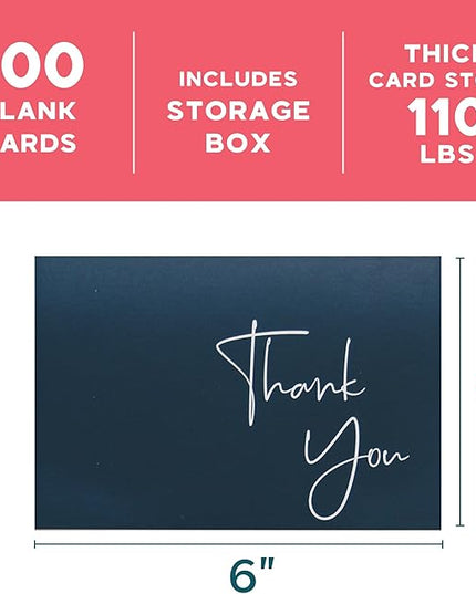 VNS Creations Thank You Cards With Envelopes Bulk Set & Stickers - 100 Pack 4x6 Blank Thank You Notes Bulk Box Set - Large Note Card Small Business, Wedding, Baby Shower & Bridal Shower - Navy Blue