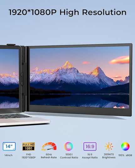 Cevaton Laptop Screen Extender, 14" Ultra-Slim & Lightweight Portable Monitor for 13"-17" Laptops, 1080P FHD Dual Monitor, One Cable Connection, Compatible with Wins/Mac/Android/Linux/Chrome (Grey)
