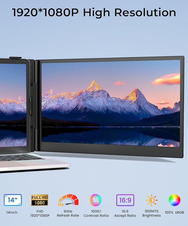 Cevaton Laptop Screen Extender, 14" Ultra-Slim & Lightweight Portable Monitor for 13"-17" Laptops, 1080P FHD Dual Monitor, One Cable Connection, Compatible with Wins/Mac/Android/Linux/Chrome (Grey)
