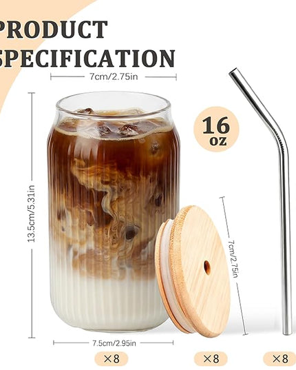8 Packs Ribbed Glass Tumbler with Lid and Straw Ice Coffee Cup Kitchen Gadgets 16 oz Apartment Essentials New Home Must Haves Things Stuff Accessories House Warming Housewarming Hostess Host Gift