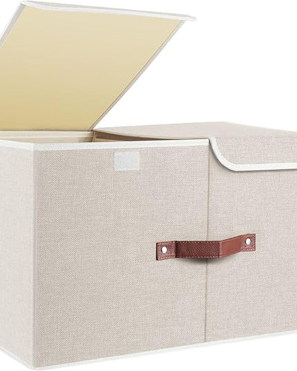 TYEERS Extra Large Collapsible Storage Bins with Lids and Compartments, Washable, Fabric Storage Boxes, 21.7x13x11.8 inches, 1 Pack, Beige