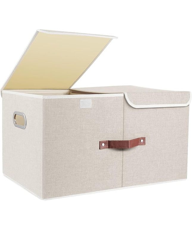 TYEERS Extra Large Collapsible Storage Bins with Lids and Compartments, Washable, Fabric Storage Boxes, 21.7x13x11.8 inches, 1 Pack, Beige