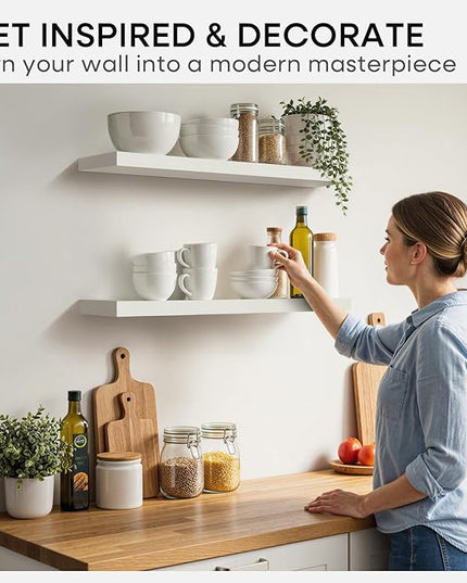 Homeforia White Floating Shelves 30 inch, High End Solid Real Wood 30inch Floating Shelf for Wall Mounted, White Wooden 30in Long Floating Shelves, Heavy Duty Bracket, 30 X 6.5 X 1.75 inches, Set of 2