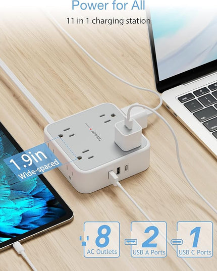 TESSAN Surge Protector Power Strip 15 Ft Cord, 8 Widely Spaced Outlets, 3 USB Charger(1 USB C Port), Ultra Thin Flat Plug Extension Cord 15 Feet, 900J Surge Protection for Home, Dorm Room Essentials