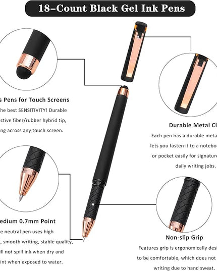 Linbsunne Black Gel Pens 0.7mm Medium Point Pen Office Pens 2-in-1 Stylus Pens for Touch Screens Gel Ink Rollerball Pens for Writing (18 Pack-black)