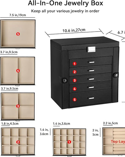 Frebeauty Large Jewelry Box,6-Tier PU Leather Jewelry Organizer,Multi-functional Storage Case with Mirror,Accessories Holder with 5 Drawers for Necklace Bracelets Watches(Black)