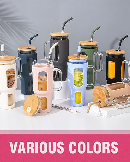 Glass Tumbler with Lid and Straw, 46 oz Iced Coffee Cup with Handle, Large Water Bottles with Silicone Sleeve, Glass Cup with Straws - Pearl Straw & Drinking Straw BPA Free-CottonPink