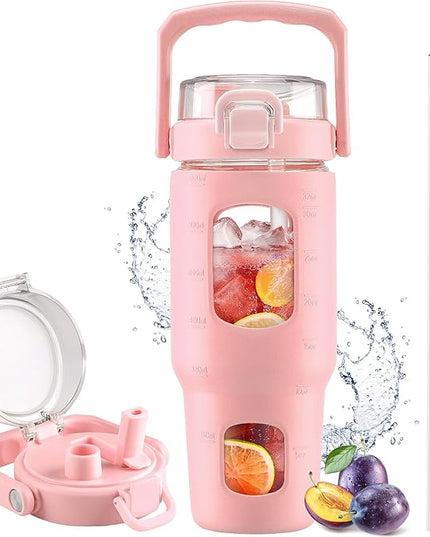 BLUEGO 32oz Glass Tumbler with Lid and Handle, Iced Coffee Cup with Straws, Glass Water Bottle with Silicone Sleeve and Volume, Marker Glass Cup with Time Marking, BPA Free, Pink