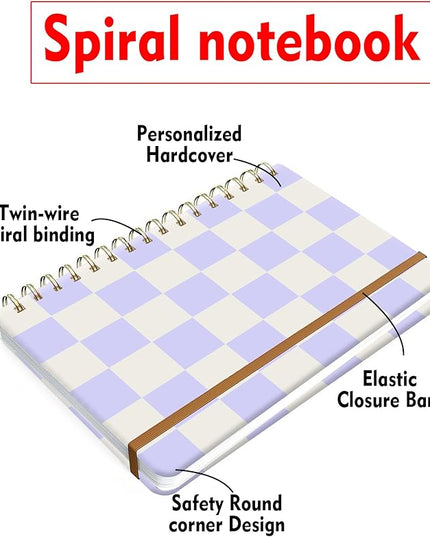 Spiral Journal Notebook for Women, Hardcover A5 College Ruled Notebook, 60 Sheet, Thick Paper, Cute Lined Journal for School, Office & Work, 6 x 8.4 in(Pastel Purple Checkered)