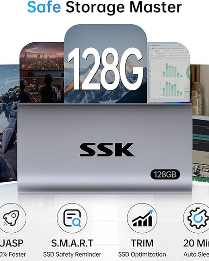 SSK 128GB SSD External Hard Drive, Portable SSD Up to 550MB/s Fast Solid State Drives, External Drive USB 3.2 Gen2 for iPhone 15/Pro, Windows, Mac, Android with LED Light, Trim, Smart Supported