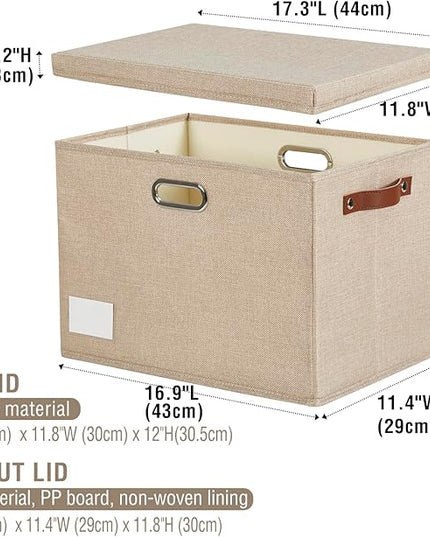 17" Large Collapsible Storage Bins with Lids, Stackable Closet Organizers with PU Handle and Labels, 3-Pack Decorative Fabric Storage Boxes for Home, Bedroom, Closet, Office, Nursery(Khaki)
