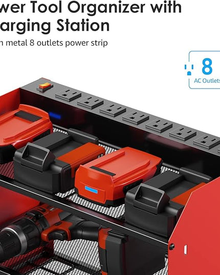 CCCEI Modular Power Tool Organizer Wall Mount with Charging Station. Garage Drill Storage Shelf with Hooks, Heavy Duty Rack, Tool Battery Holder Built in 8 Outlet. Gift for Men. Red, 2 Pack.