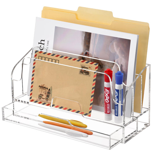 SANRUI Clear Desk Organizer Holder with Drawers, Acrylic File Mail Sorter
