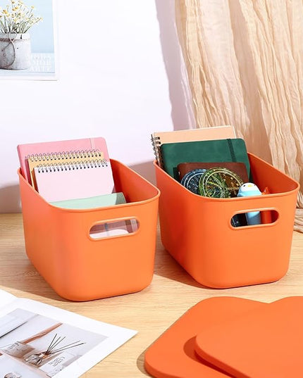 Hoolerry 8 Pieces Colorful Storage Bins with Lid, Plastic Storage Basket Organizing Container Stackable Box with Handle for Shelves Desktop Playroom Office(10.2 x 7 x 6.3 Inch,Orange)
