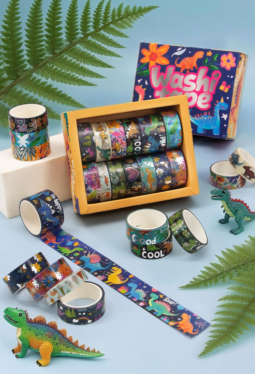 NANYNNU Dinosaur Washi Tape Set, 13 Rolls Silver Foil Cute Washi Tapes, Kawaii Floral Decorative Masking Tape for Journaling Supplies, Scrapbooking, Bullet Journal, Planner Decoration, DIY Crafts