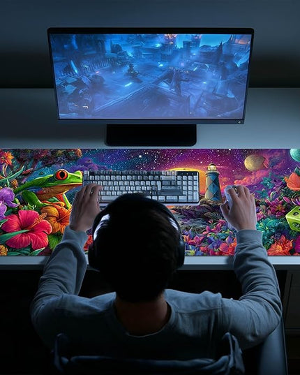 Large Mouse Pad Gaming Mousepad 31.5 x 11.8 Inch Keyboard Desktop Mat Diatomite XL Mouse Pad for Home and Office Desk Accessories with Fantasy Cosmic Frog Lighthouse Artwork Diatomite