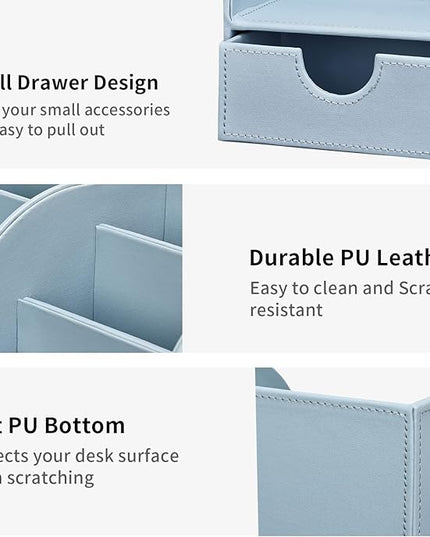 KINGFOM Pu Leather Desk Organizer Pen Pencil Holder Office Supplies Caddy Storage Box 6 Compartments with Drawer Blue