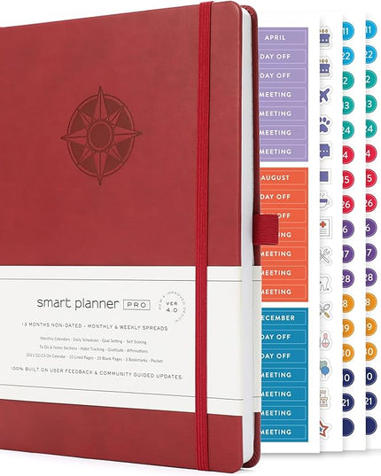 Smart Planner Pro – Undated Daily Planner – Medium B5 – Achieve Goals & Increase Productivity with Weekly, Monthly, Work Sections - Organizer Planner with Back Pocket, 3 Satin Bookmarks & Pen Holder