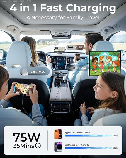LISEN White Retractable Car Charger, for Gifts for Him Her, for iPhone 17, Cute 4 in 1 Retractable USB C Car Charger for Women, 75W Fast Charging Car Accessories for iPhone & Samsung S26 & Android