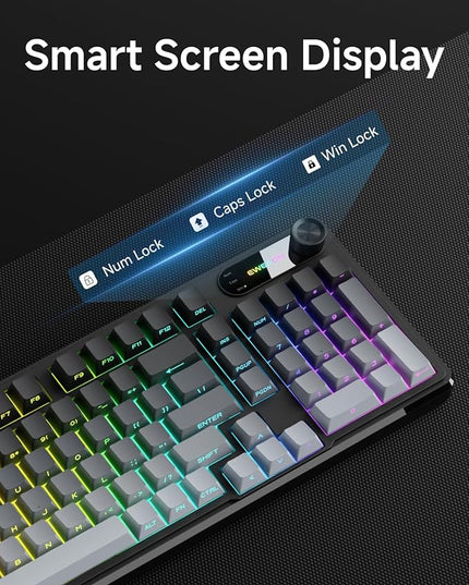 V102 Wired Keyboard, 98 Keys Creamy Gaming Keyboard with Number Pad, Display Screen & Media Knob RGB Silent Wired Cute Computer Keyboard for Laptop PC Gamer-Gradient Black