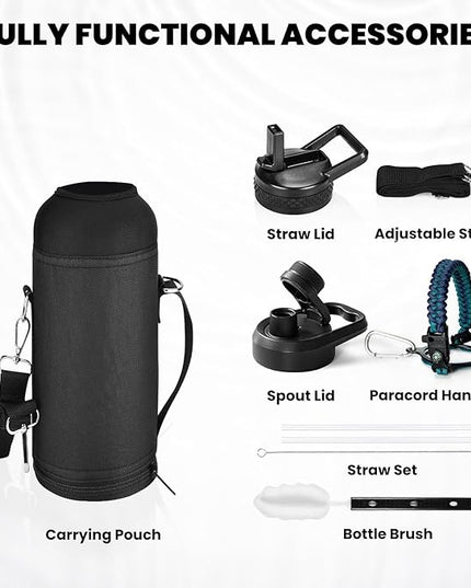 Insulated Water Bottle 40 oz, Triple Wall Vacuum Stainless Steel (Cold for 48 Hrs), Leak Proof & Non-BPA, Modern Water Flask Jug with Paracord Handle & Straw Spout Lids, Cyan Blue