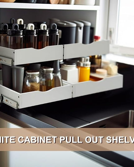 Menkxi 2 Set Pull out Tray Cabinet Organizer Wooden Pull Drawers storage Slide out Pantry Shelf for Base Cabinet Kitchen Gentle Close Fully Assembled Accessories(White,15'' X 21'' X 3'')