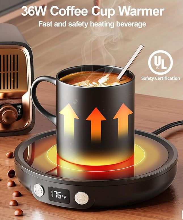 SWEETFULL Mug Warmer - Upgraded 36W Coffee Cup Warmer for Desk with 130℉-176℉ Digital Display, 2-12H Timer Auto Shut Off, Smart Electric Coffee Heating Plate, Ideal Gifts for Women Men - Black