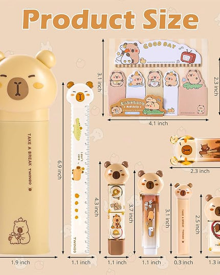 9 Pcs Cute Capybara Stationary Set Kawaii School Supplies Japanese Stationery, Includes Pencil Sharpener, Eraser, Correction Tape, Glue Tape, Sticky Notes, Ruler, Scissors for Office School Supplies